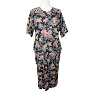 LA Intimates Dress Women Small Black Floral Short Sleeve Maxi Pockets Sleepwear